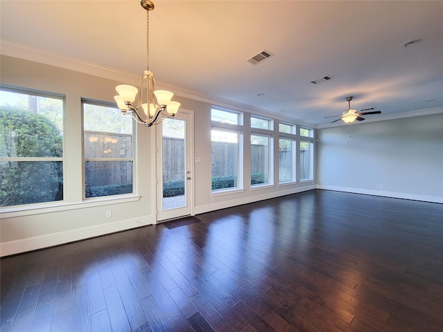 unfurnished room with dark wood-type flooring, ceiling fan with notable chandelier, and ornamental molding