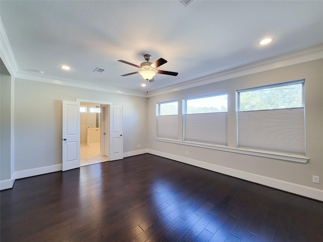 unfurnished room featuring ceiling fan, a healthy amount of sunlight, and ornamental molding