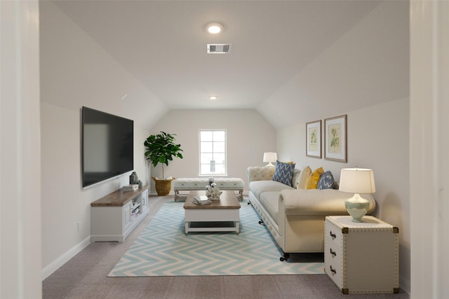 carpeted living room featuring lofted ceiling