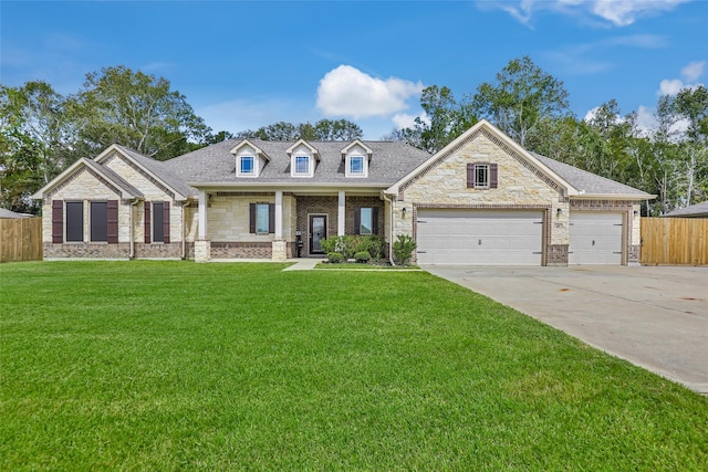 view of front of property with a front yard and a garage