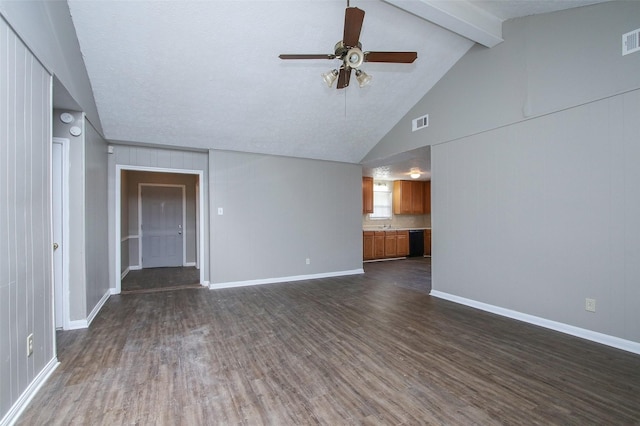 unfurnished living room featuring vaulted ceiling with beams, dark hardwood / wood-style floors, and ceiling fan