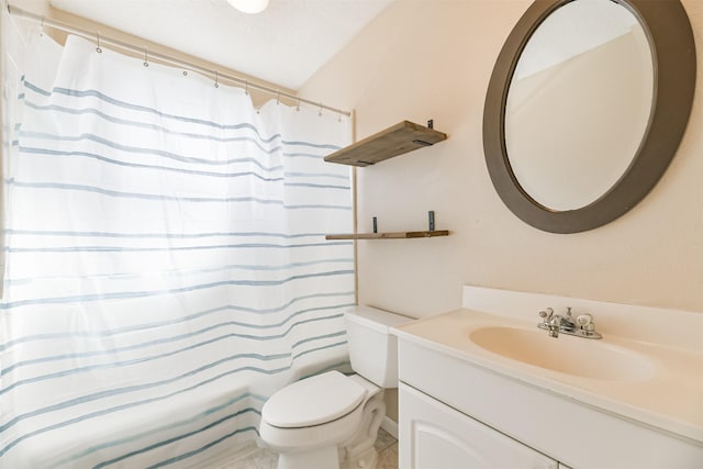 full bathroom featuring vanity, toilet, a textured ceiling, and shower / tub combo with curtain