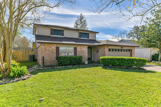 front of property with a front lawn, cooling unit, and a garage