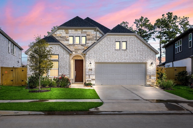 view of front of house featuring a lawn and a garage