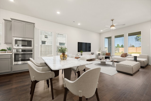 dining area with ceiling fan, plenty of natural light, and dark hardwood / wood-style floors