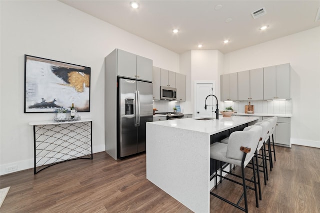 kitchen with stainless steel appliances, gray cabinets, and a kitchen island with sink