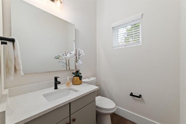 bathroom featuring vanity, toilet, and wood-type flooring