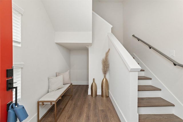 staircase with hardwood / wood-style floors