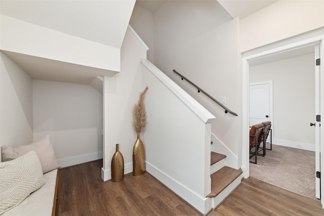 staircase with hardwood / wood-style flooring