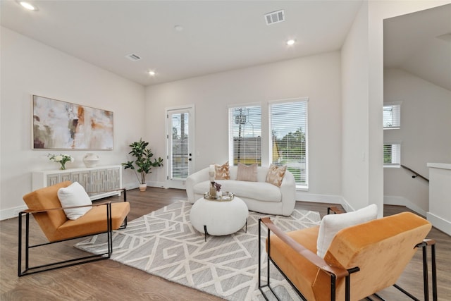 living room featuring lofted ceiling and wood-type flooring