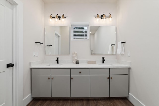 bathroom with vanity and wood-type flooring