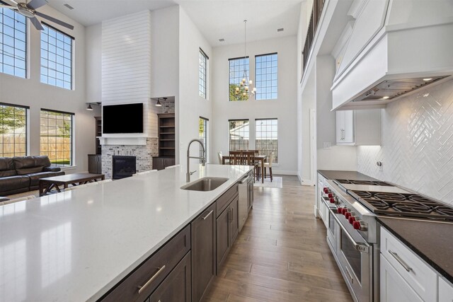 kitchen with tasteful backsplash, custom range hood, stainless steel appliances, sink, and hanging light fixtures