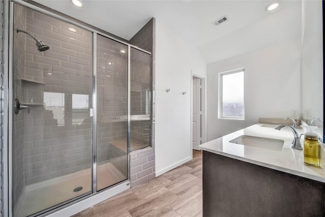 bathroom with vanity and walk in shower