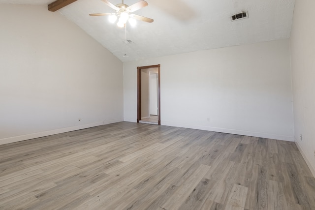 unfurnished room with vaulted ceiling with beams, ceiling fan, and light hardwood / wood-style flooring