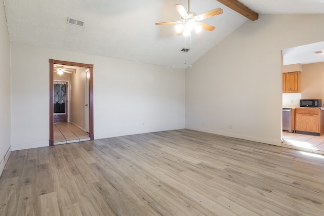 unfurnished living room with vaulted ceiling with beams, ceiling fan, and light wood-type flooring