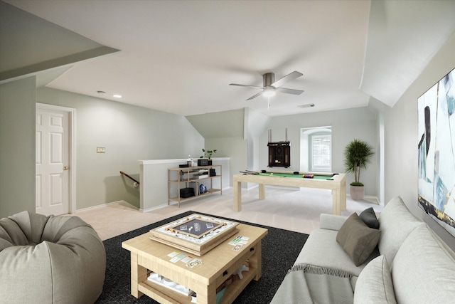 living room featuring carpet, ceiling fan, billiards, and vaulted ceiling