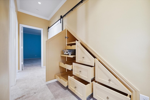 hallway with light carpet, a barn door, and ornamental molding