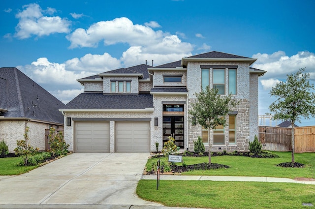 view of front facade with a front yard and a garage