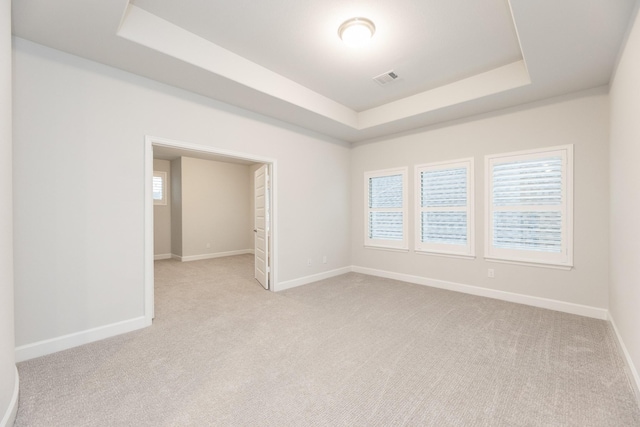 carpeted empty room with a tray ceiling