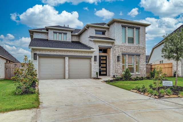 prairie-style home with a front yard and a garage