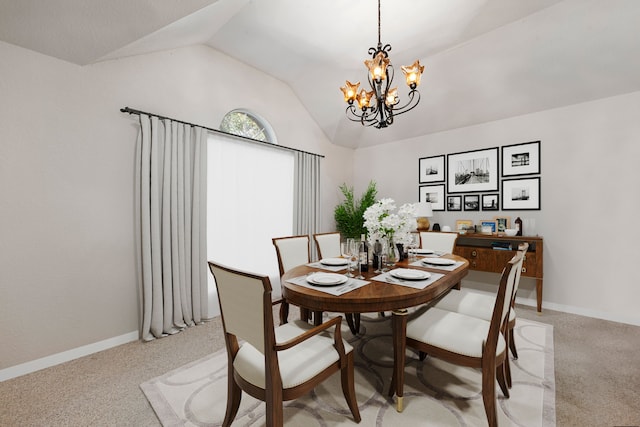 carpeted dining space featuring lofted ceiling and a notable chandelier