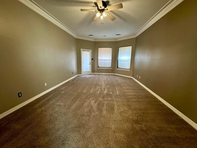 unfurnished room featuring carpet flooring, ceiling fan, and ornamental molding