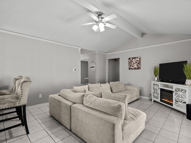 living room with vaulted ceiling with beams, ceiling fan, crown molding, and light tile patterned flooring