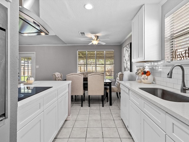 kitchen featuring a textured ceiling, white dishwasher, crown molding, sink, and white cabinets