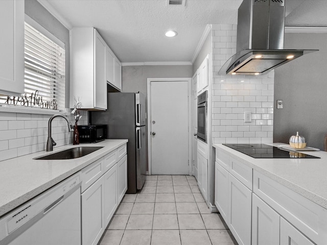 kitchen with black electric stovetop, sink, wall chimney range hood, dishwasher, and white cabinetry