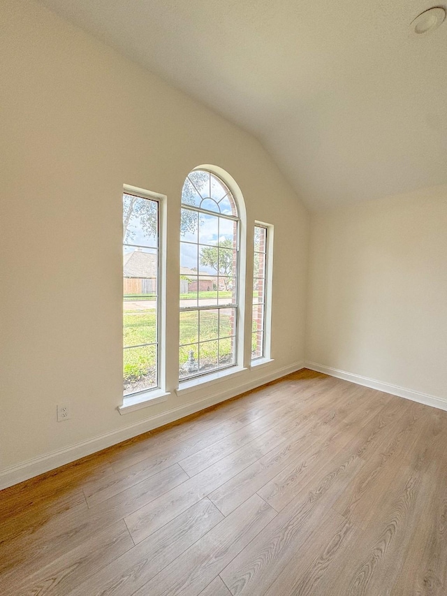 empty room featuring a wealth of natural light, light hardwood / wood-style flooring, and vaulted ceiling