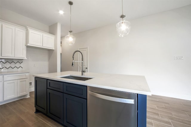 4030 Colony Ln, Missouri City, TX 77459 - kitchen featuring stainless steel dishwasher, a sink, white cabinets, wood finished floors, and decorative backsplash