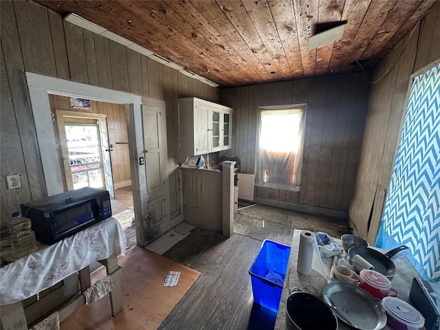 miscellaneous room featuring wooden ceiling and wooden walls