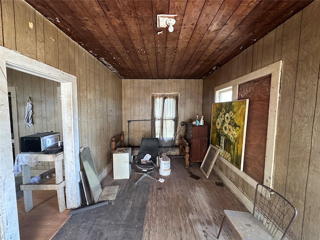 misc room featuring wooden walls, wood ceiling, and hardwood / wood-style flooring