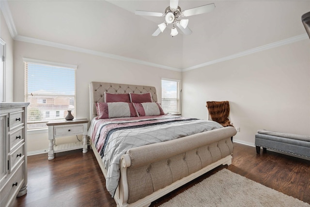 bedroom with multiple windows, ceiling fan, and dark hardwood / wood-style floors