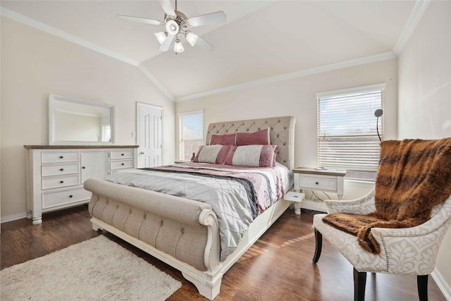 bedroom with ceiling fan, multiple windows, dark wood-type flooring, and vaulted ceiling