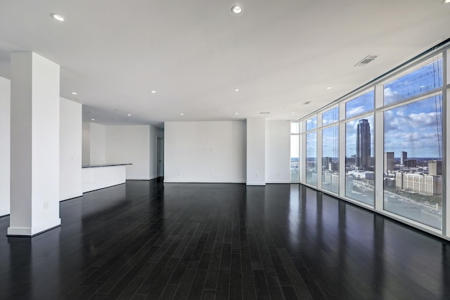 unfurnished room featuring expansive windows and dark hardwood / wood-style floors