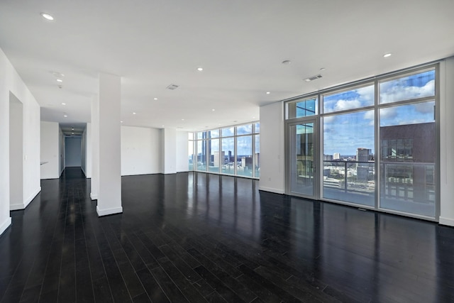 empty room with dark hardwood / wood-style floors and a wall of windows