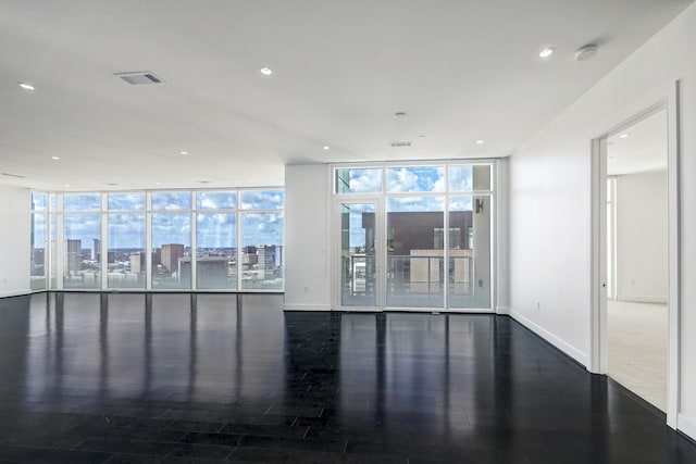 spare room with dark hardwood / wood-style floors, floor to ceiling windows, and a healthy amount of sunlight