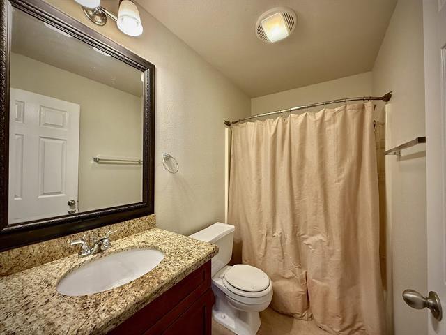 bathroom featuring vanity, toilet, and curtained shower