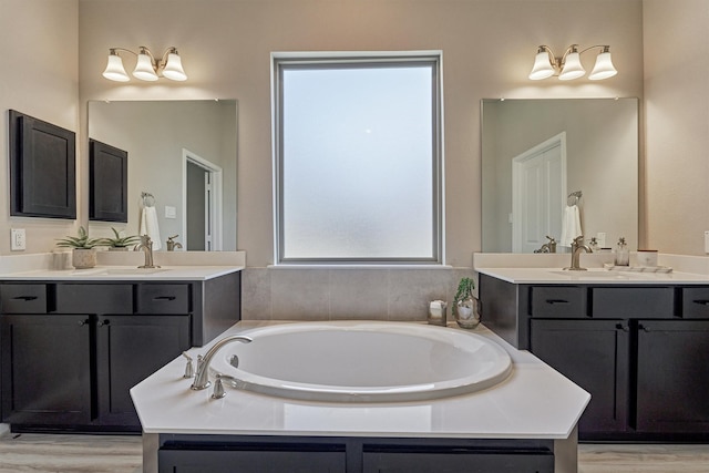 bathroom featuring a bathing tub, vanity, and hardwood / wood-style floors