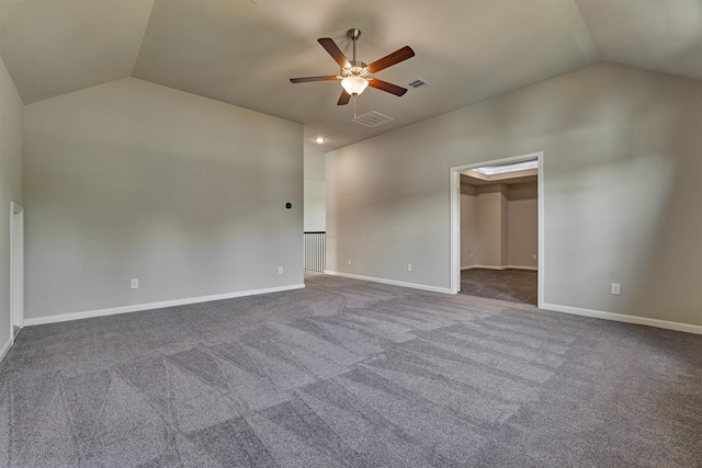 unfurnished room featuring carpet flooring, ceiling fan, and lofted ceiling