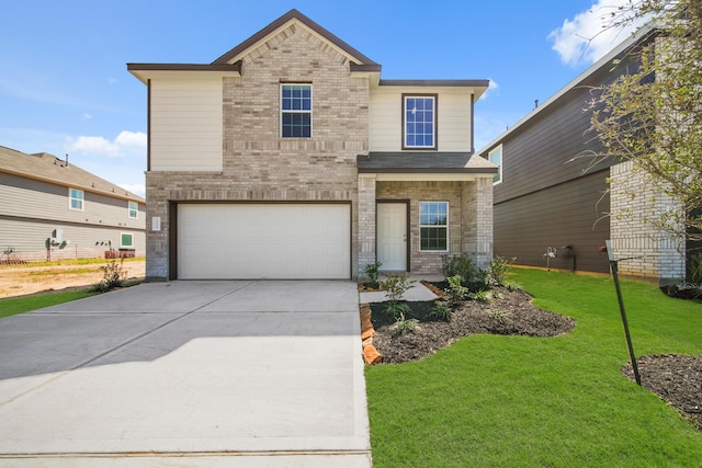 view of front of house featuring an attached garage, concrete driveway, brick siding, and a front yard