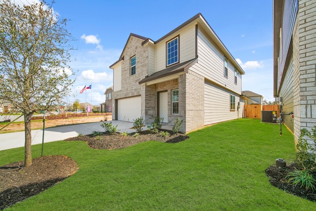 view of property exterior with concrete driveway, an attached garage, fence, central AC, and brick siding