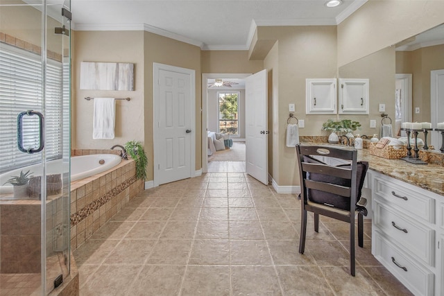 bathroom featuring vanity, ceiling fan, ornamental molding, and independent shower and bath