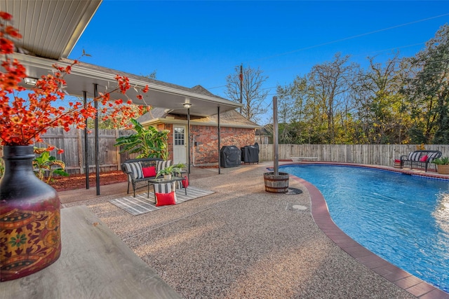 view of pool featuring a patio and grilling area