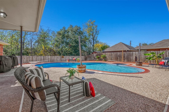 view of pool featuring a patio area, a jacuzzi, and grilling area