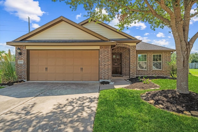 ranch-style home with a garage and a front lawn