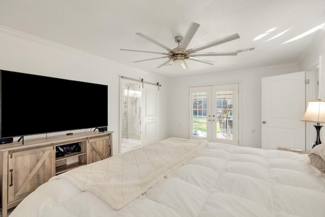 bedroom with ceiling fan, crown molding, and french doors