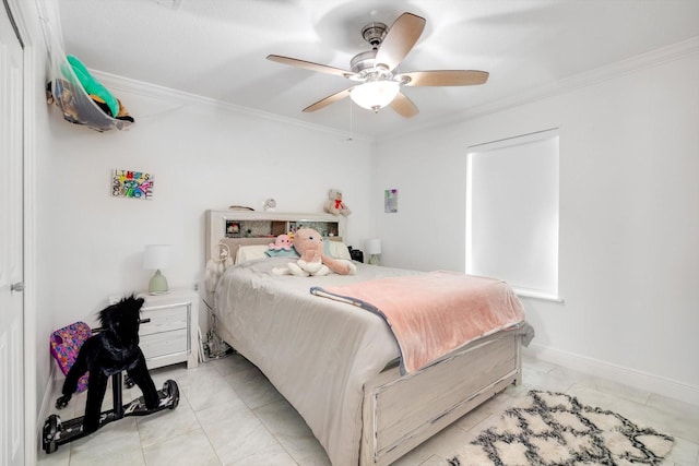 bedroom with ceiling fan and crown molding