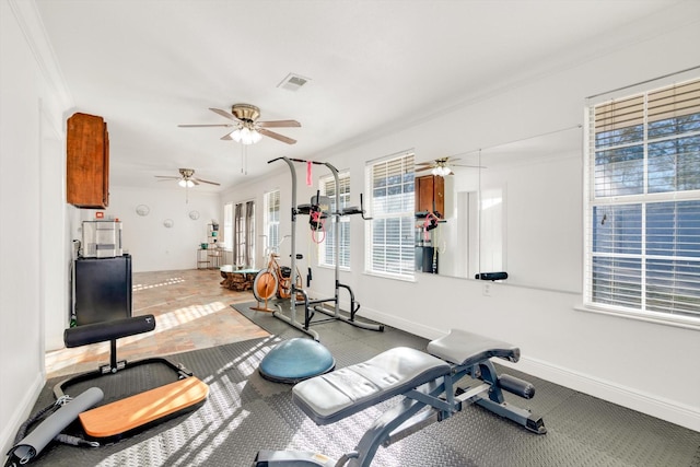 exercise room with ceiling fan and ornamental molding